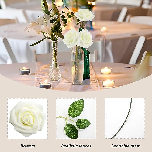 Artificial Flowers Milk White Roses 50PCS Real Looking Foam Fake Roses with Leaves and for DIY Wedding Bouquets Bridal Shower Centerpieces Party Decorations (Ivory) - color: Ivory, size: 50