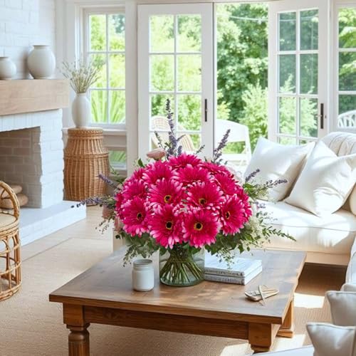 20 Pcs Fake Silk Gerbera Daisy Artificial Flowers with Stems Faux Daisies Flower Bulk for DIY Art Crafts Home Wedding Party Vase Centerpieces Tables Garland Wreath Decoration (Rose Pink) - color: Rose Pink