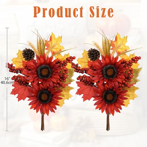 Briful Set of 2 16in Fall Burgundy Sunflower Picks and Sprays with Pinecones Berries Maple Leaves Artificial Fall Floral Branches Stems for Autumn Home Wedding Party Vase Centerpieces Decor - color: Burgundy