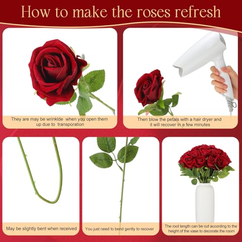 Hotop 80 Pcs Rose Artificial Flowers Bulk with Long Stem, Silk Roses Realistic Fake Flowers Bouquet for Wedding Table Centerpieces Bridal Shower Party Home Decorations(Burgundy) - color: Burgundy
