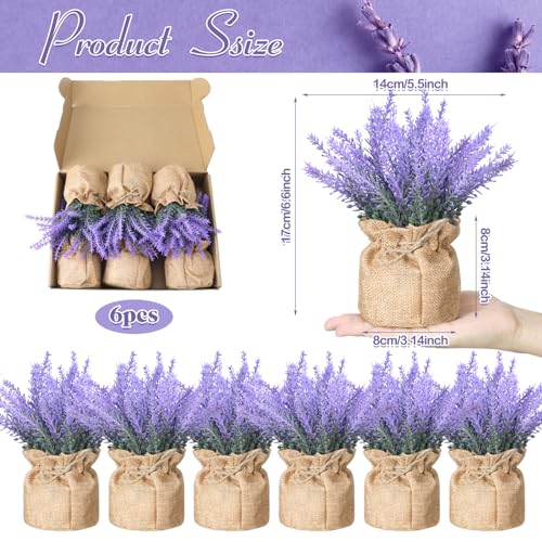 6 Pack Fake Lavender Plant Small Artificial Lavender Flowers Decor Burlap Bag Rustic Plant Potted for Kitchen Farmhouse Home Bedroom Wedding Table Country Indoor Decor