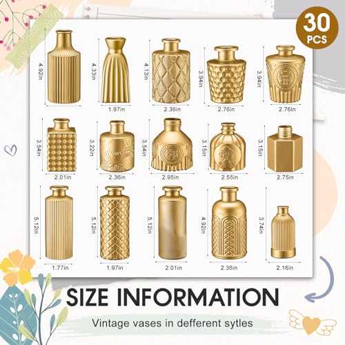 Yaomiao 30 Pcs Vases Bulk Colored Flower Glass Bud Vases Valentine Vintage Colored Glass Bottles Colorful Rustic Embossed for Home Wedding Table Decorations Gifts - color: Gold Series
