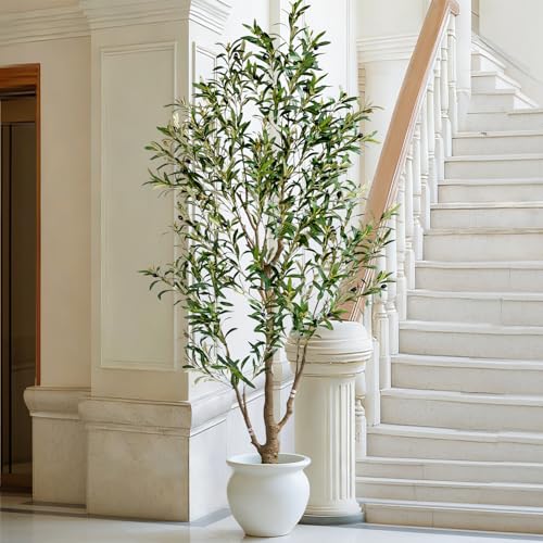 6ft Faux Olive Tree with White Pot & Moss, Artificial Olive Tree Indoor Outdoor, PE/PVC Leaves, Realistic Resin Trunk Large Fake Olive Tree Artificial Plants Indoor, Faux Plants Indoor for Home Decor - size: 6ft