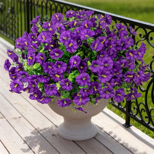 Bassion Artificial Flowers for Outdoors, 20 Bundles Silk Fake Flowers UV Resistant Realistic Morning Glory Faux Eucalyptus Plants for Outside Planters Porch Window Box Garden Indoor Decor - color: Purple