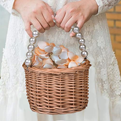 Wicker Rattan Flower Girl Basket,Pearl Handle Flower Basket,Flower Girl Basket for Wedding and Home Decorations.