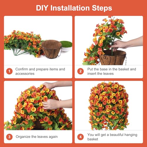 INXUGAO Artificial Flowers with Hanging Basket, Outdoor Faux Plants Silk Morning Glory Vines, Fake Green Arrangement for Garden Patio Spring Summer Decor(4pcs,Orange) - color: Orange
