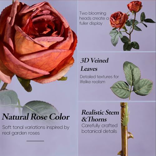 20pcs Faux Roses Silk Fake Rose Flowers with Stems Real Look Valentines Floral Artificial Rose Bouquet Decorations for Wedding Anniversary Arrangement (Brick Red) - color: Brick Red