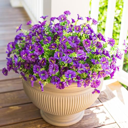 HyeFlora Artificial Flowers for Outdoors Fake Plants Outside Decoration, 12 Bundles Silk Purple Morning Glory with Eucalyptus UV Resistant Look Real Faux Flower for Planter Front Door Porch Patio Yard - color: Purple