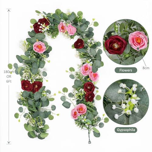 TOCHGREEN 2 Pack 13Ft Artificial Eucalyptus Flower Garland with Red Pink Roses, Fake Rose Flower Greenery Garland Floral Vines for Wedding Home Party Table Runner Decor (Red Pink, 2PCS) - color: Red Pink, size: 2PCS