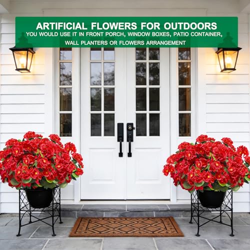 Artificial Geraniums Flowers for Outdoors Summer Decor, 4 Bundles Fake Flowers Silk Red Flowers UV Resistant No Fade Cemetery Flowers Faux Plants for Garden Planter Patio Indoor Home Cemetery Decor - color: Red