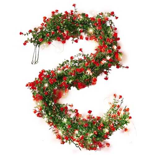 RECUTMS Artificial Leaves Garland with Flowers Fake Vines with Lights Spring Mantel Garland Fake Greenery Vines 5.8 Ft Lit Vine for Mantle for Wall Wedding Party Table Home Bedroom Decor(Red) - color: Red With Lights