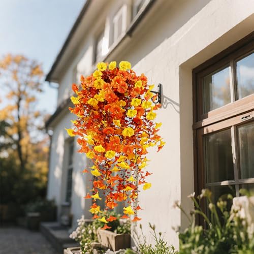Fall Hanging Flowers Artificial Hanging Morning Glory Flowers for Outdoors for Outside,Garden,Home Decor,Wedding Events,Patio,Porch,Yard(Fall,2 Bunches/4Pcs) - color: Yellow& Orange, size: 2 Bunches/ 4Pcs
