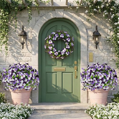 16 Pcs Artificial Pansy Flowers for Outdoors Purple Faux Silk Spring Flowers for Outside, UV Resistant Realistic Pansies for Window Front Door Porch Home Decor (16, Light Purple,White,Purple) - color: Light Purple,white,purple