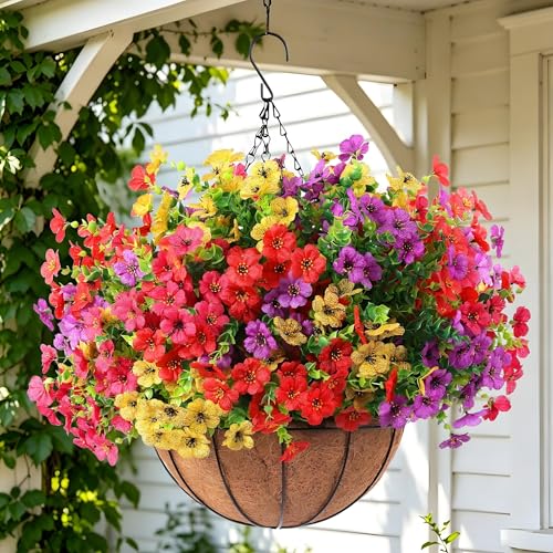 Artificial Flowers Hanging Basket for Outdoor Decoration UV Resistant Silk Flowers with Eucalyptus Leaves Faux Green Plant for Spring Summer Garden Porch Patio Balcony Yard Decor - color: Multi Color