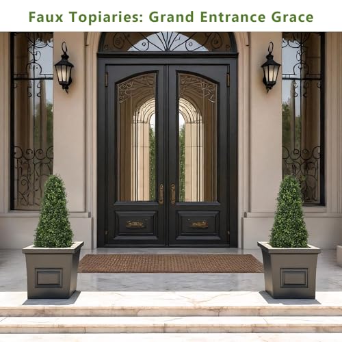 3ft Artificial Boxwood Topiary Trees (Set of 2) - UV Resistant Faux Plants Outdoor, Realistic 36" Fake Cone Bushes and Shrubs for Front Porch, Planter, Patio - Low Maintenance & Evergreen - color: Boxwood Dark Green, size: 36in