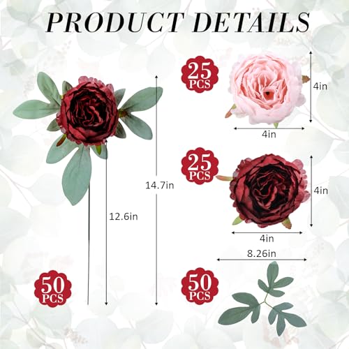 Zeyune 50pcs Artificial Peonies Flowers 4'' Fake Peonies DIY Craft Silk Flower Bulk for Home Wedding Bridal Bouquet Birthday Dining Room Table Centerpieces Backdrop Party Decor(Burgundy and Pink) - color: Burgundy and Pink