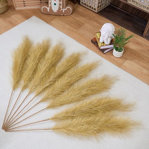 Premium Faux Gold Pampas Grass Decor – Golden Artificial Pampa 8pcs 43.3″ 110cm, Tall & Fluffy, No Assembly One-Piece 18-Branch Stems, Luxury Silk Feather Flowers for Wedding Boho Home Decorations - color: Faux Gold, size: 8pcs 43.3"(110cm)