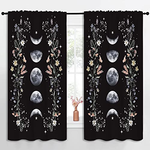 Boho Floral Wildflower Rod Pocket Blackout Curtains for Boy Girl Bedroom,Moon Phase Moonlit Garden Witchy Gothic Aesthetic Energy Efficient Home Window Drapes for Living Room Noise Reducing,55x63in - color: Boho Floral Wildflower-003, size: 55"W x 63"L (P