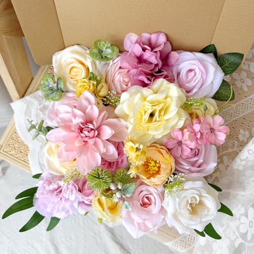 Creamy Yellow Pink Silk Artificial Flowers Combo Box Set Pastel Roses Flowers Dahlia DIY Bridal Wedding Bouquets Cake Boho Fake Floral with Stems Arrangements Baby Shower Party Table Centerpieces - color: Pink, Yellow