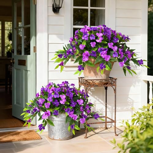 Hommyea Artificial Fake Hanging Flowers Plants Basket for Outdoors Outside Decoration UV Resistant Faux Silk Flowers Look Real Plastic Flowers for Spring Planters Home Porch Patio Garden Decor(purple) - color: 3psc Double Purple