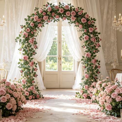 2 Pack 11.2 Ft Artificial Flower Garland with White Roses, Realistic Fake Greenery Vines with 17 Roses Flowers for Wedding Table Centerpieces Arch Party Ceremony Backdrop Decor (Dirty Pink) - color: Dirty Pink
