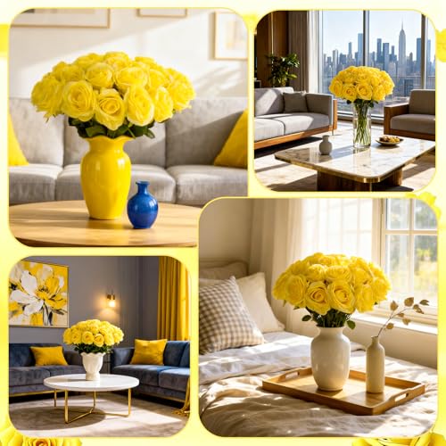 32 Pcs Yellow Artificial Flowers Roses Fake, Silk Flowers with Stems for DIY Wedding Gothic Bridal Shower Centerpieces Arrangements Tables Decorations - color: Yellow