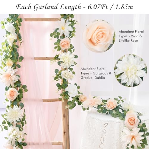 Waipfaru 2Pcs 6Ft Eucalyptus Greenery Garland with Flowers, Flower Rose Garland Decorations for Wedding Table Runner Centerpieces Backdrop Party Room Decor (White) - color: Champagne-6.07ft, size: 2 Pack