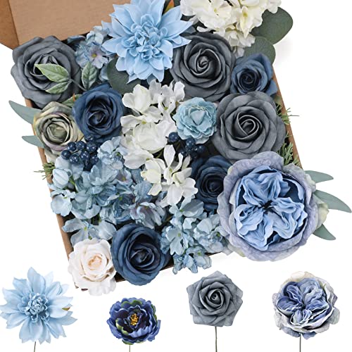 Floweroyal Artificial Flowers Combo Dusty Blue Flowers Mix Silk Flowers Dahlia Roses with Stems for DIY Wedding Bridal Bouquets, Baby Shower, Floral Arrangement, Table Centerpieces, Home Decorations. - color: Blue