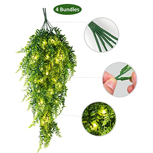 RECUTMS Artificial Boston Ferns 4 Pack Fake Hanging Plants with 30 LED Lights Faux Ivy Vine Leaves Plastic Greenery UV Resistant for Home Bedroom Wall Porch Garden Wedding Decor (Green) - color: Green-light