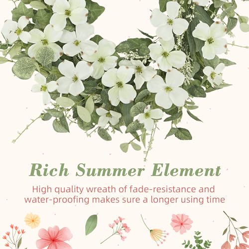 YNYLCHMX 20" Spring Summer Wreaths for Front Door, Artificial Floral Wreath with White Phalaenopsis Green Eucalyptus Leaves, Green Foliage Wreath for Wall Window Farmhouse Party Holiday Home Decor - color: White Phalaenopsis
