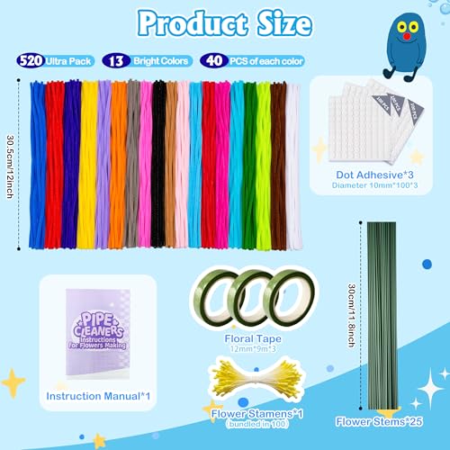 572 PCS Pipe Cleaners Flower Kit, 13 Colors Chenille Stems with Floral Wires, Stamen, Tapes, Dot Glue, Instruction, White Box – DIY Craft Set for Handmade Pipe Cleaner Bouquets and Decorations