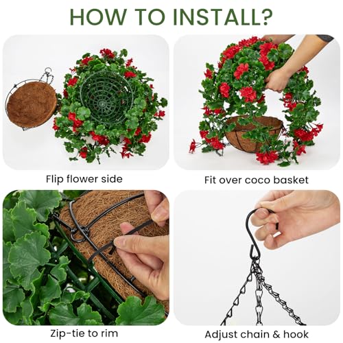 Artificial Hanging Geraniums Flower Plants with Basket for Outdoor Decoration, UV Resistant Hanging Fake Red Geranium Flowers Realistic Front Porch Garden Patio Home - color: Red, size: Large