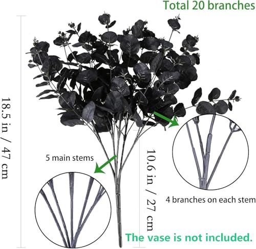 GREENTIME 2 Pack Black Eucalyptus Stems with 20 Branches 18.5'' Artificial Flower Bouquet for Vase Halloween Wedding Table Centerpiece Decor - color: Black - Eucalyptus Stems