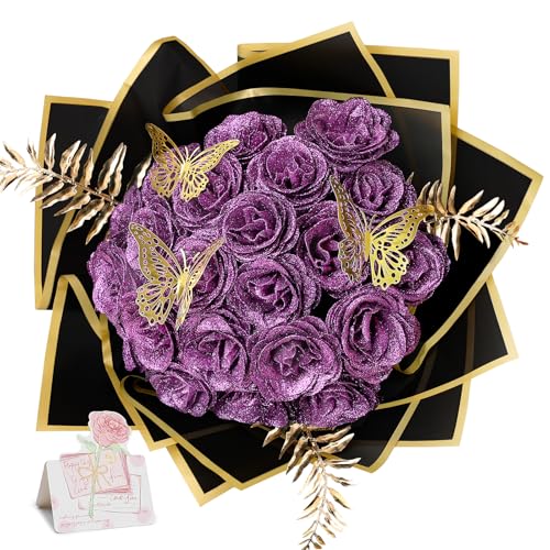 Glitter Roses Bouquet - DIY Artificial Flower Bouquet Kit with Fake Rose Butterfly Stems Cards for Gifts Mother's Day Valentine's Day Anniversary Birthday, 24 Roses, Purple - color: Purple
