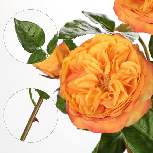 Real Touch Artificial Roses (Set of 3) – 23.6" Long Stem Orange Garden Roses – Lifelike Faux Silk Flowers for Wedding Bouquets, Home Décor, Centerpieces & Floral Arrangements - color: Sunset Orange, size: 3 PCS