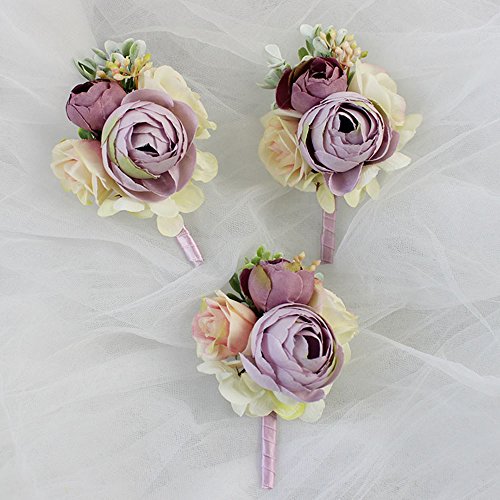 USIX 2pc Pack-Handmade Men's Lapel Artificial Peony Flower Boutonniere Pin for Suit Wedding Groom Groomsmen Brooch Rose (Purple x2) - color: Purple Boutonniere X2