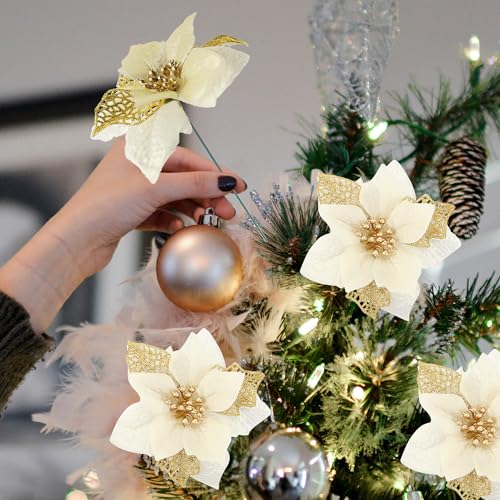 SITUMEIZI 24 Pcs Gold Poinsettia Artificial Christmas Flowers 5.5" Glitter Poinsettias Christmas Tree Decoration Flower with Stems & Clips for Wreath Xmas Tree New Year Party Ornament Wedding - color: Gold