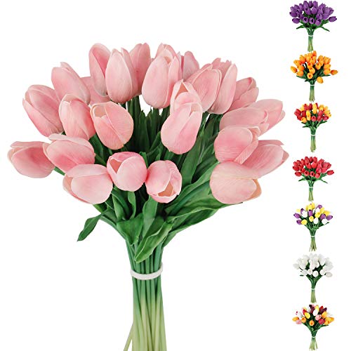 Artificial Tulips Flowers Fake Latex Tulip Stems - 30pcs Real Touch Faux Multicolor Tulips Flower for Easter Spring Wedding Bouquet Centerpiece Floral Arrangement Cemetery Table Decor - color: Pink 01