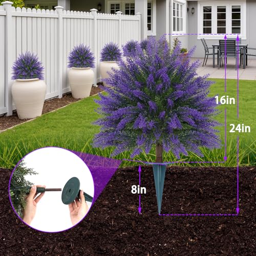 Artificial Lavender Topiary Bushes with Ground Spike, 24" Set of 2 Faux Lavender Boxwood Ball Trees UV Resistant Fake Greenery Plants for Indoor & Outdoor Spring Porch Decor - color: Lavender