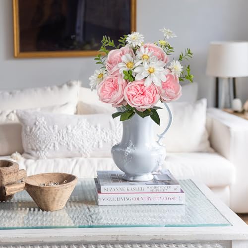 GnFlus Peonies Artificial Flowers, 9PCS Mixed Pink Faux Flowers with Peonies & Daisies, Up to 18.5 Inch Long Silk Fake Flowers for Vase DIY Wedding Bouquet Party Centerpieces Arrangement Home Decor - color: Peony, Pink