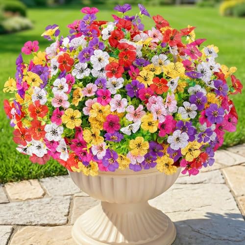 Lifewit Artificial Flowers for Outdoor Indoor, 12 Bundles Plastic Fake Flowers Daisy with Eucalyptus Leaves for Home Garden Decor, Porch, Window Box(Mix for Fuchsia Purple White Pink Yellow Red) - color: 6 Mix Color
