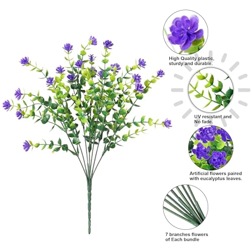 HyeFlora 20 Bundles Artificial Fake Outdoor Plants Flowers for Spring Decoration, UV Resistant Realistic Purple Plastic Flowers Faux Plant Monkey Grass for Planter Home Garden Porch Patio Window Box - color: 12pcs Purple Monkey Grass+8pcs Purple Flowers