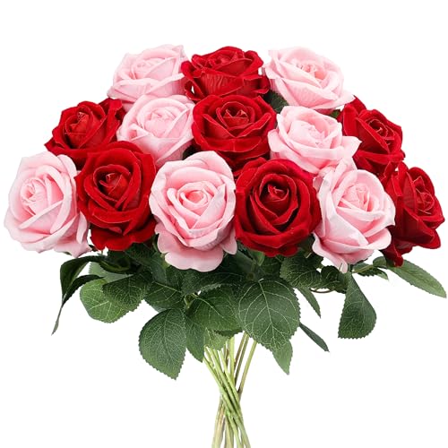 Auihiay 14PCS Red and Pink Artificial Roses, Lifelike Silk Fake Roses Bouquet with Long Stem for Father's Day, DIY Bouquets, Wedding Table Centerpieces & Party Home Decor - color: Red & Pink