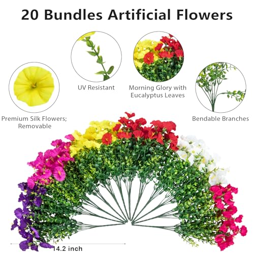 Bassion Artificial Flowers for Outdoors, 20 Bundles Silk Fake Flowers UV Resistant Realistic Morning Glory Faux Eucalyptus Plants for Outside Planters Porch Window Box Garden Indoor Decor - color: Multi Color(red,white,yellow,purple,rose Red,fuchsia)