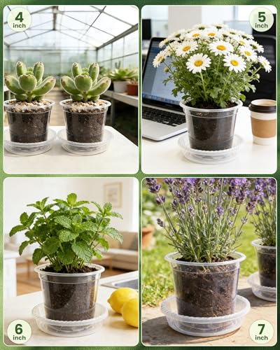 24 Packs Clear Nursery Pots for Plants with Saucers, 7/6/5/4 Inch Plastic Flower Pots with Drainage Hole, Variety Pack Seedlings Plant Pot with 24 Plant Labels - size: 4/5/6/7 24pcs