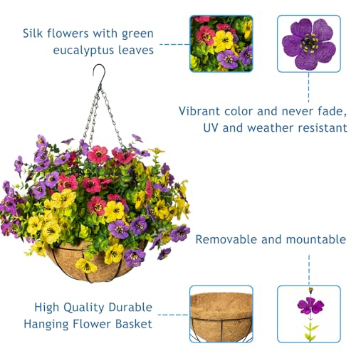Artificial Hanging Flowers for Outdoors with Basket,UV Resistant Realistic Faux Hanging Plants Outdoor Artificial Flowers for Outdoors Basket for Yard Porch Patio Garden,12 Bundles Mix 4 Colors - color: Fuchsia+rose Red+purple+yellow