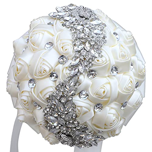 Wedding Bouquets for Bride Bridesmaid Brooch Bouquet Handmade Artificial Rose Flower Tossing Bouquet for Wedding Ceremony Anniversary(Ivory,15cm) - color: Ivory, size: 5.9''/15cm