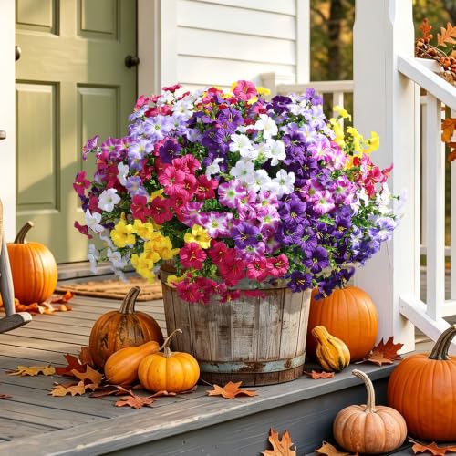 Artificial Flowers for Outdoors Fake Plants Outside Decoration, 20 Bundles Silk Petunia with Eucalyptus UV Resistant Realistic Faux Flowers for Outdoor Planters Garden Balcony Yard Porch Patio, Mix - color: 6mix(4 Purple, 3 Gradient Purple, 3 Fuchsia, 4 G