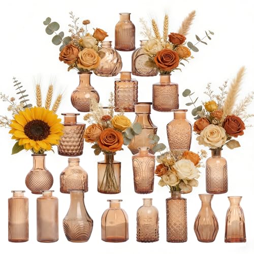 Petal Petite Small Amber Glass Bud Vase Set of 24 for Wedding Centerpieces | Amber Glass Vase, Mini Bud Vases in Bulk, Vintage Flower Vase Set for Single Stem, Home and Office Decor - color: Amber
