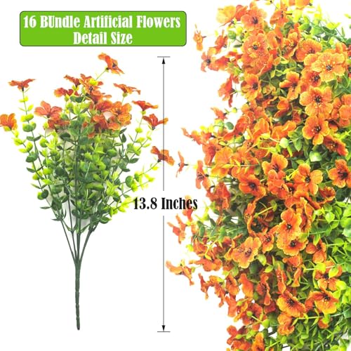 Grunyia Artificial Fake Flowers for Outdoor Spring Decoration, 16 Bundles Faux Silk Colorful Daisy UV Resistant Realistic for Outside Porch Patio Home Yard Garden Planters Pots Window Box (Orange) - color: Orange